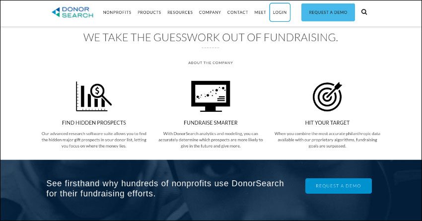 Find out more about DonorSearch's nonprofit technology solutions. Find out more about DonorSearch's nonprofit technology solutions.